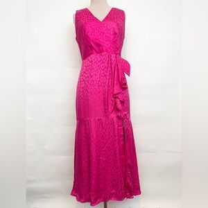 Milly Vibrant Neon Pink Leopard Cheetah Maxi Silky Faux Wrap Dress size 10